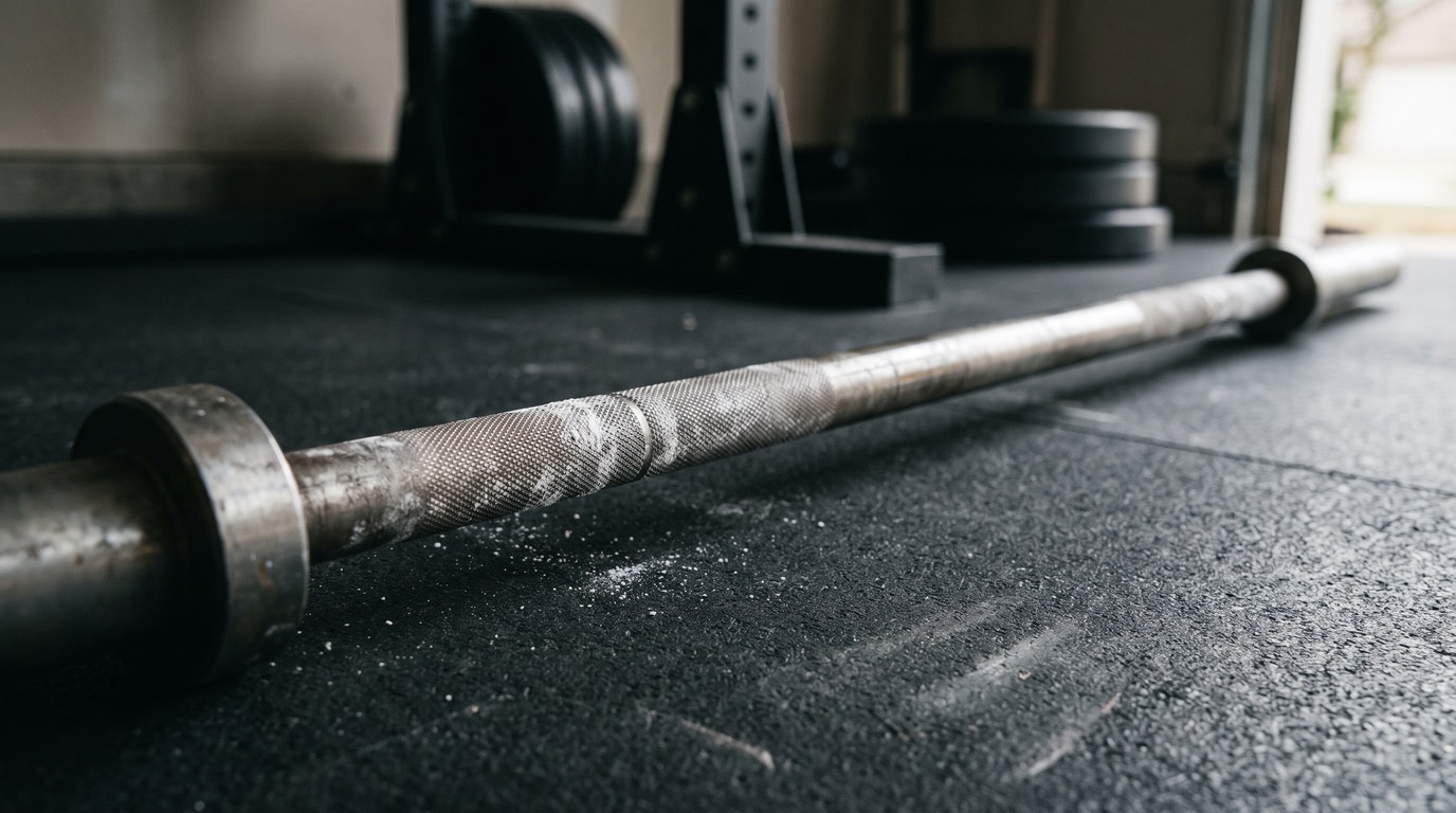 A steel barbell lying on a rubber gym floor in soft light