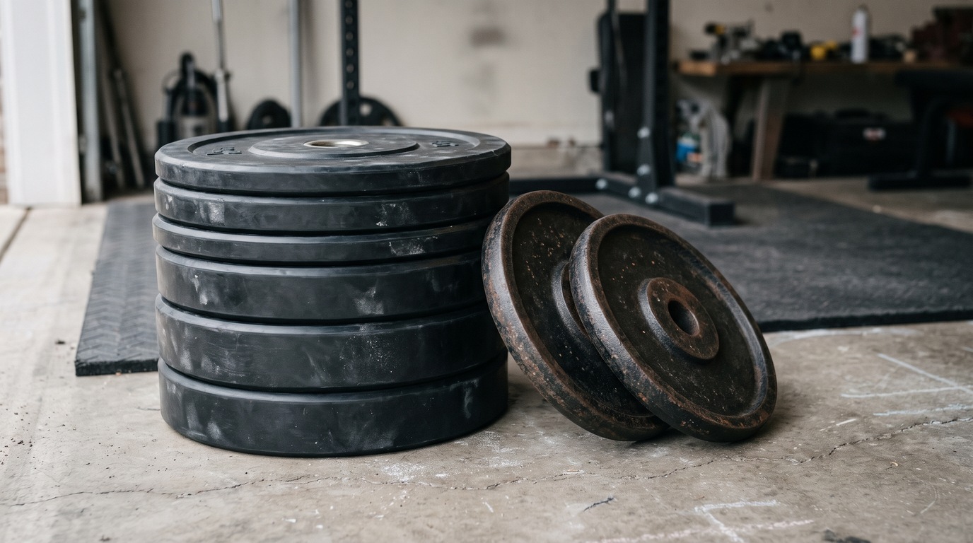 Rubber bumper plates beside iron plates on a garage floor
