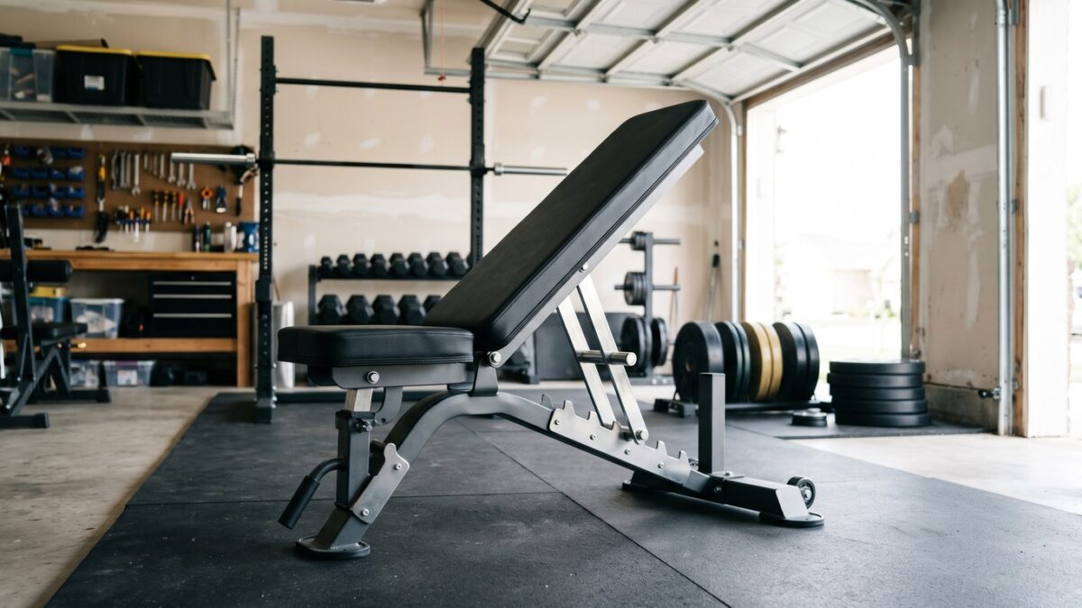 An adjustable weight bench in a bright garage gym