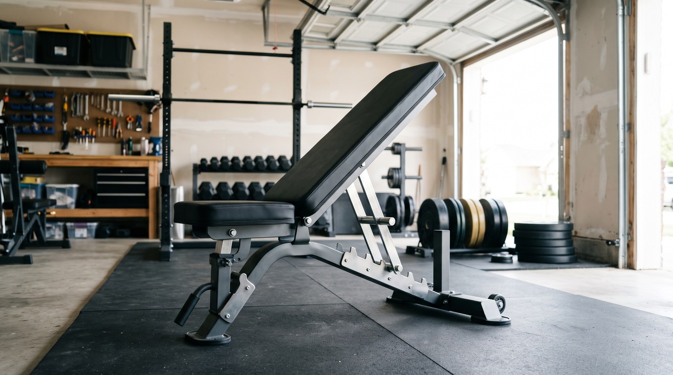 An adjustable weight bench in a bright garage gym