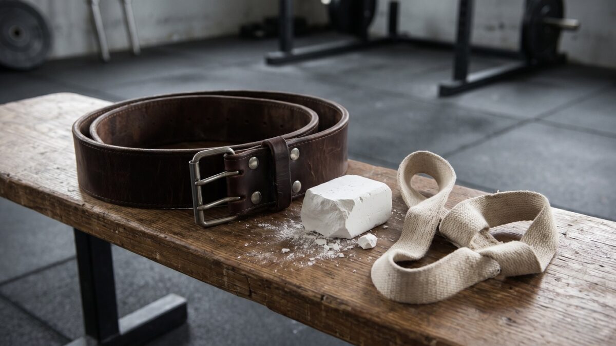 A lifting belt, chalk and straps on a wooden bench