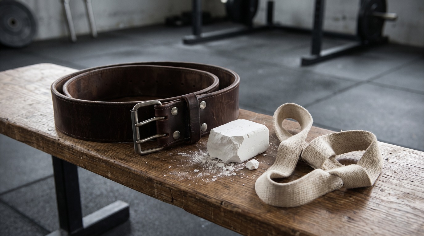 A lifting belt, chalk and straps on a wooden bench