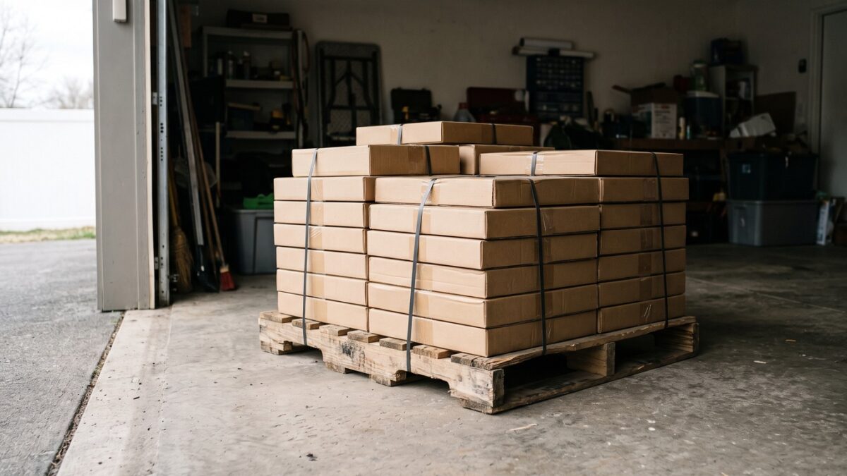 Boxed gym equipment on a pallet at a garage door