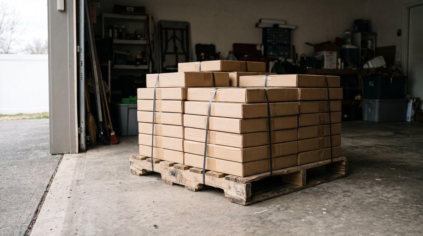 Boxed gym equipment on a pallet at a garage door